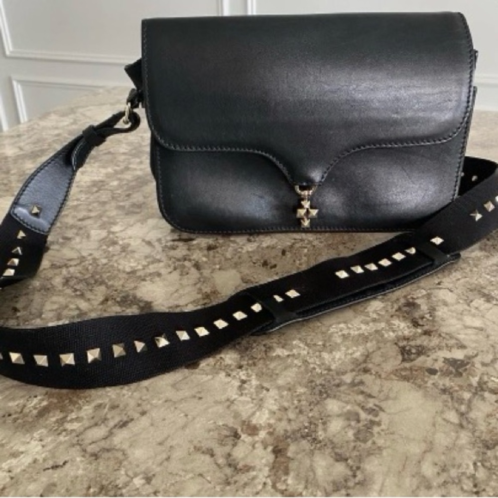 Valentino rockstar Black Leather Crossbody Bag with Studded Strap  *Read*